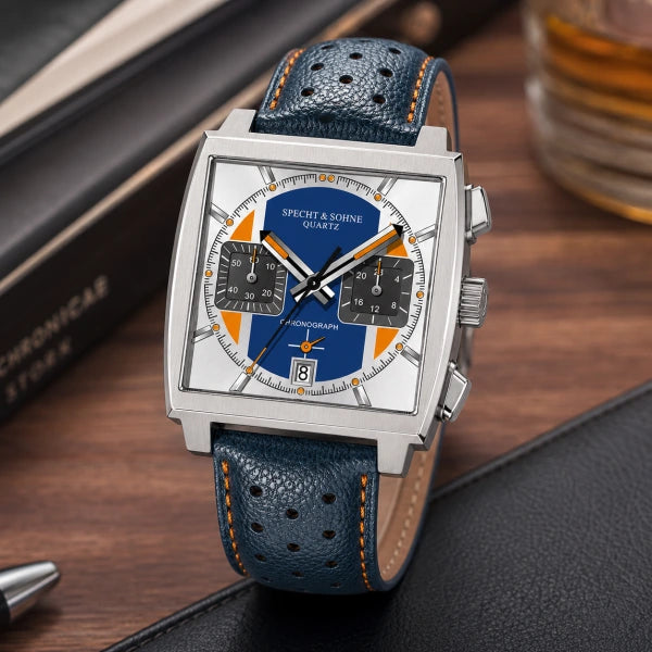 Detalhe do cronografo Couro Vetor com pulseira couro azul perfurado