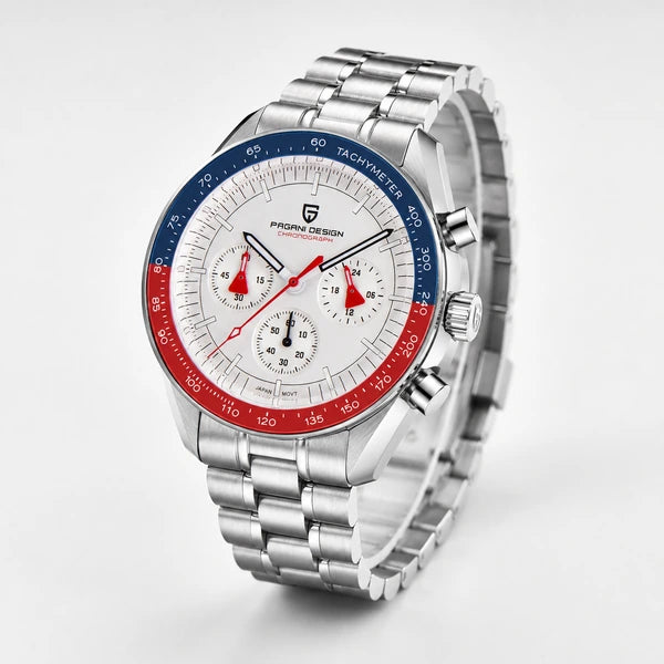 relogio masculino importado Lunario Pagani Design Branco Azul Vermelho - Produto completo em angulo diferente