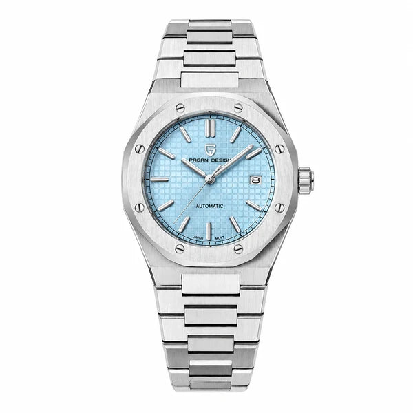 Rel?gio Pagani Design Vittorio azul claro com bracelete de a?o em fundo branco