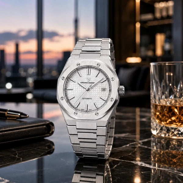 Rel?gio Pagani Design branco em mesa elegante com cristal e luz dourada