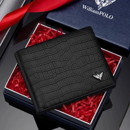 carteira masculina William Polo preta com textura croco em caixa premium