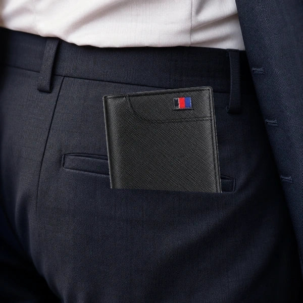 Porta Cartao Masculino William Polo Slim Preto no bolso em visual social masculino