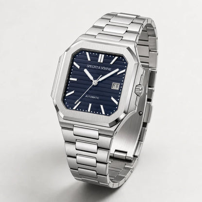 Relogio Masculino Azul Escuro Specht & Sohne Cubico Automatico em angulo tres quartos