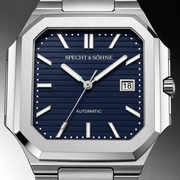 Relogio Masculino Azul Escuro Specht & Sohne Cubico Automatico com close do mostrador e janela de data