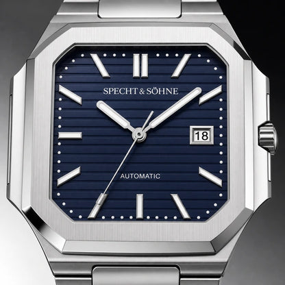 Relogio Masculino Azul Escuro Specht & Sohne Cubico Automatico com close do mostrador e janela de data