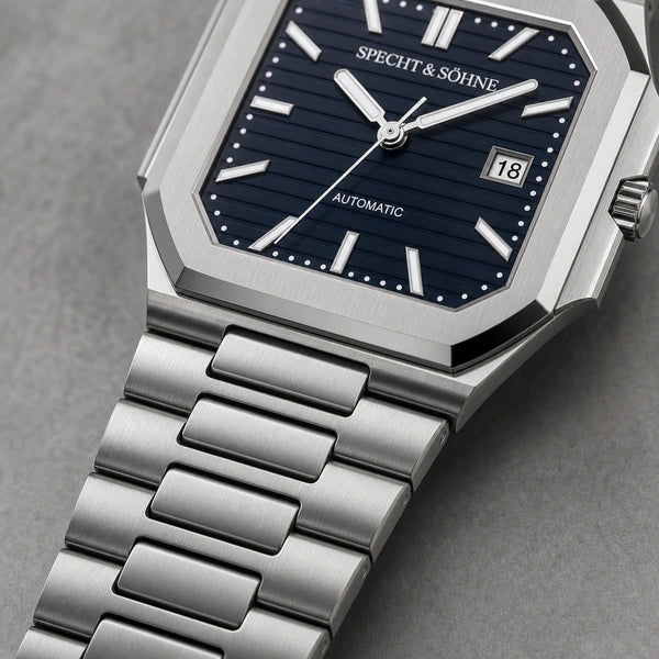 Relogio Masculino Azul Escuro Specht & Sohne Cubico Automatico com detalhe da pulseira e acabamento