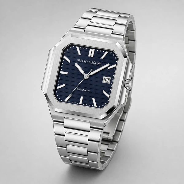 Relogio Masculino Azul Escuro Specht & Sohne Cubico Automatico em angulo final de catalogo