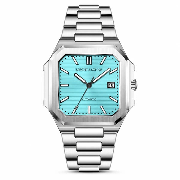 Relogio Masculino Azul Tiffany Specht & Sohne Cubico Automatico frontal em fundo branco