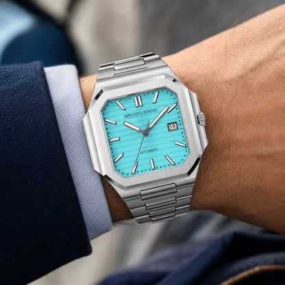 Relogio Masculino Azul Tiffany Specht & Sohne Cubico Automatico no pulso em uso masculino