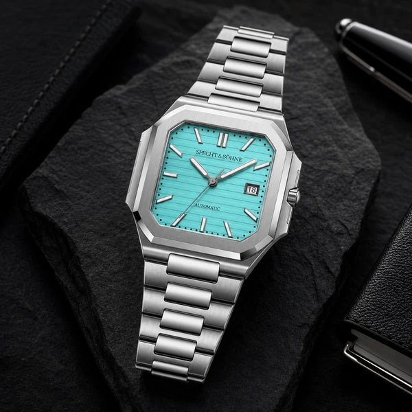 Relogio Masculino Azul Tiffany Specht & Sohne Cubico Automatico em composicao lifestyle luxuosa
