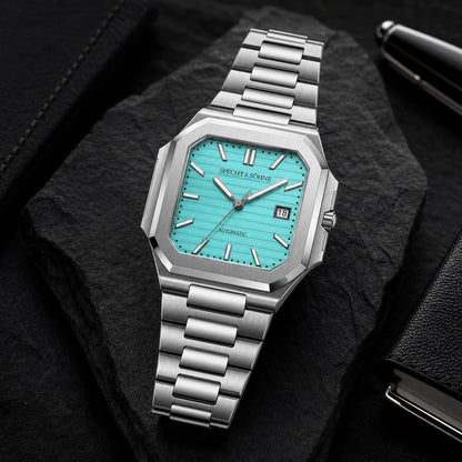 Relogio Masculino Azul Tiffany Specht & Sohne Cubico Automatico em composicao lifestyle luxuosa
