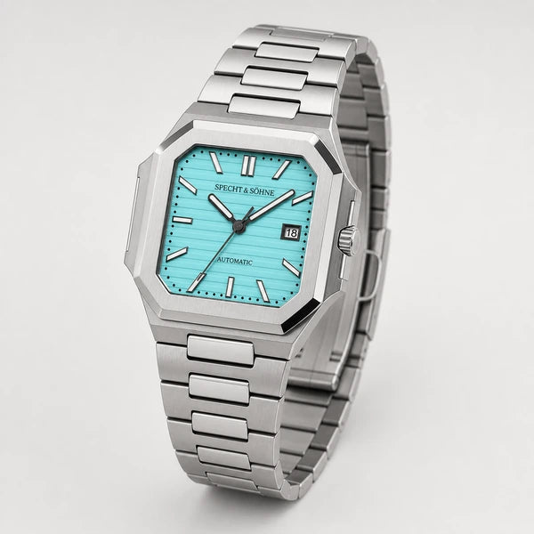 Relogio Masculino Azul Tiffany Specht & Sohne Cubico Automatico em angulo tres quartos
