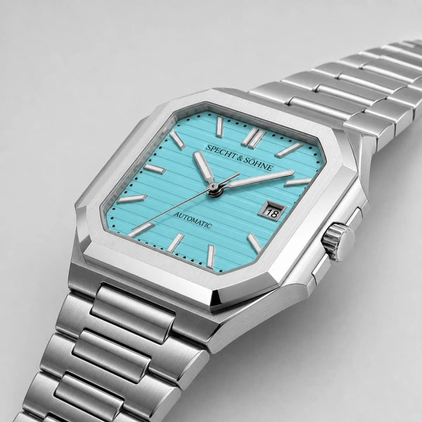Relogio Masculino Azul Tiffany Specht & Sohne Cubico Automatico em vista lateral com detalhe da caixa