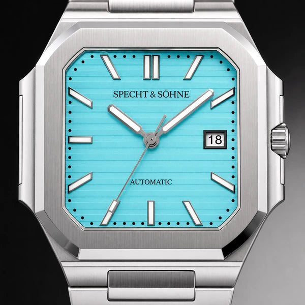 Relogio Masculino Azul Tiffany Specht & Sohne Cubico Automatico com close do mostrador e janela de data