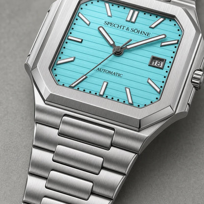Relogio Masculino Azul Tiffany Specht & Sohne Cubico Automatico com detalhe da pulseira e acabamento