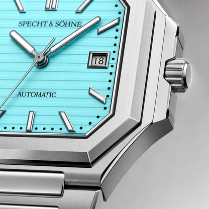 Relogio Masculino Azul Tiffany Specht & Sohne Cubico Automatico com close da coroa e facetas da caixa