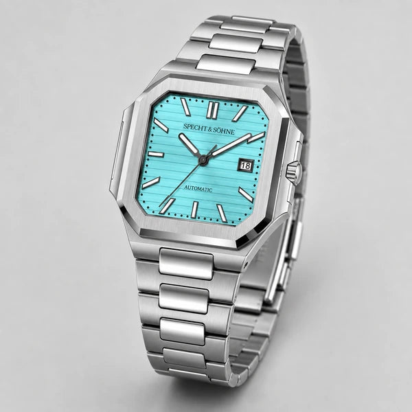 Relogio Masculino Azul Tiffany Specht & Sohne Cubico Automatico em angulo final de catalogo