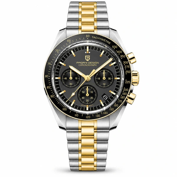 relógio masculino bicolor dourado Lunario Pagani Design Preto - Frente em fundo branco
