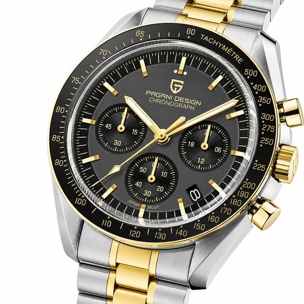 relogio masculino vidro safira Lunario Pagani Design Preto - Close da coroa e bezel