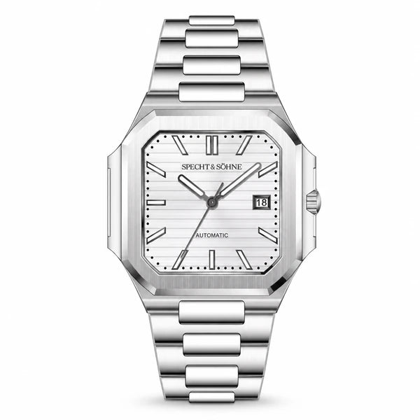 Relogio Masculino Branco Specht & Sohne Cubico Automatico frontal em fundo branco