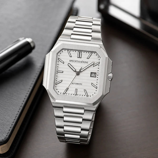 Relogio Masculino Branco Specht & Sohne Cubico Automatico em ambiente executivo premium