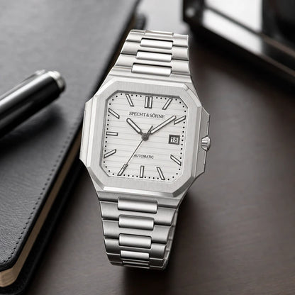 Relogio Masculino Branco Specht & Sohne Cubico Automatico em ambiente executivo premium