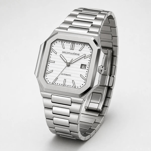 Relogio Masculino Branco Specht & Sohne Cubico Automatico em angulo tres quartos