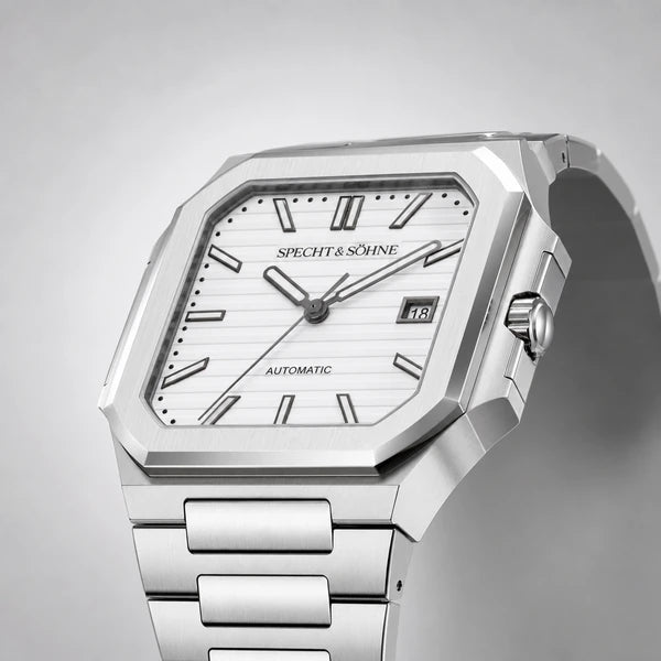 Relogio Masculino Branco Specht & Sohne Cubico Automatico em vista lateral com detalhe da caixa