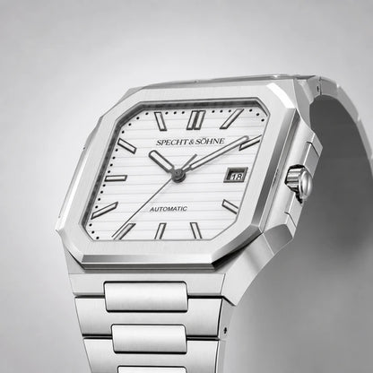 Relogio Masculino Branco Specht & Sohne Cubico Automatico em vista lateral com detalhe da caixa