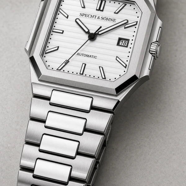 Relogio Masculino Branco Specht & Sohne Cubico Automatico com detalhe da pulseira e acabamento