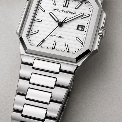 Relogio Masculino Branco Specht & Sohne Cubico Automatico com detalhe da pulseira e acabamento