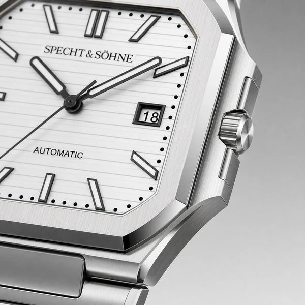 Relogio Masculino Branco Specht & Sohne Cubico Automatico com close da coroa e facetas da caixa