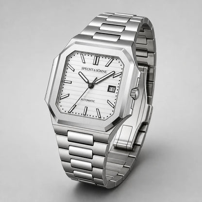 Relogio Masculino Branco Specht & Sohne Cubico Automatico em angulo final de catalogo