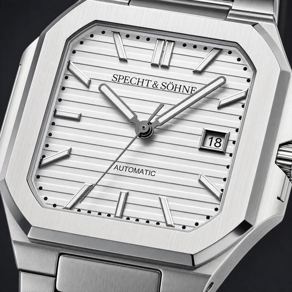 Relogio Masculino Branco Specht & Sohne Cubico Automatico com macro da textura do mostrador