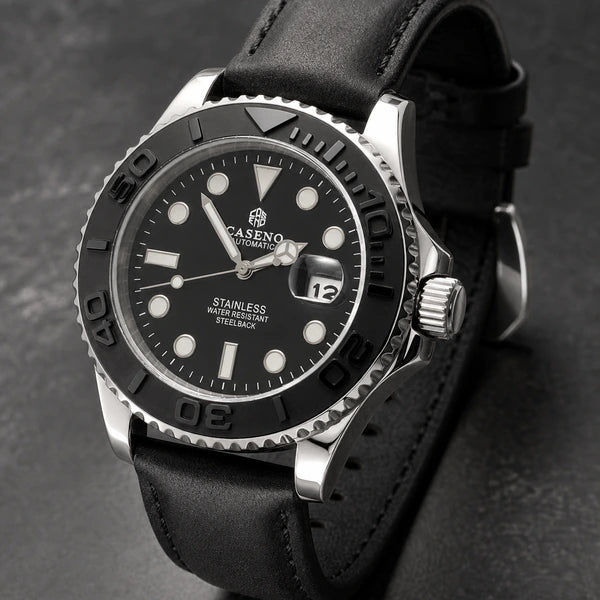 Relógio Masculino Caseno Yacht 8236G Prata com detalhe da pulseira de couro preta