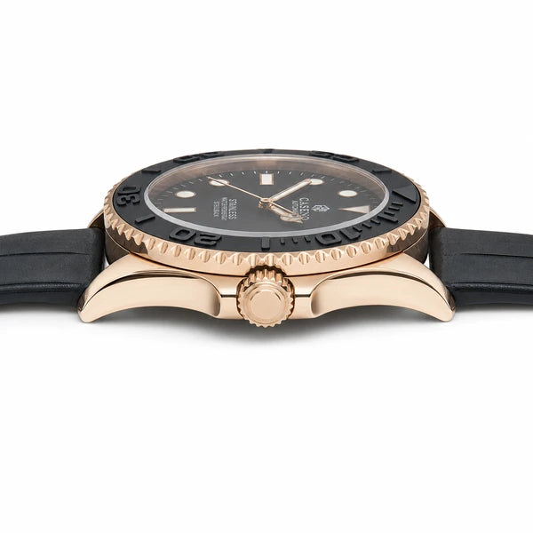 Relógio Masculino Caseno Yacht 8236G Rosé em vista lateral com detalhe da caixa