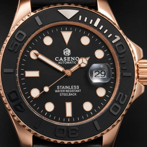 Relógio Masculino Caseno Yacht 8236G Rosé com close do mostrador e lupa de data