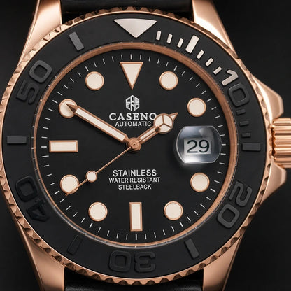 Relógio Masculino Caseno Yacht 8236G Rosé com close do mostrador e lupa de data