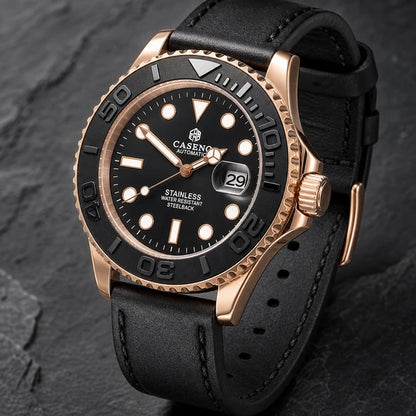 Relógio Masculino Caseno Yacht 8236G Rosé com detalhe da pulseira de couro preta