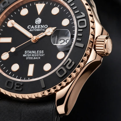 Relógio Masculino Caseno Yacht 8236G Rosé com close da coroa e da caixa