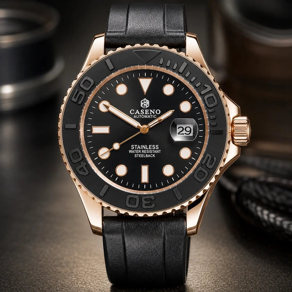 Relógio Masculino Caseno Yacht 8236G Rosé com macro dos materiais e acabamentos