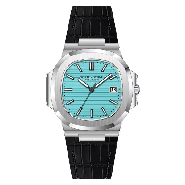 Relógio Masculino Couro Aqua Specht & Söhne vista frontal com mostrador azul claro com caixa prata