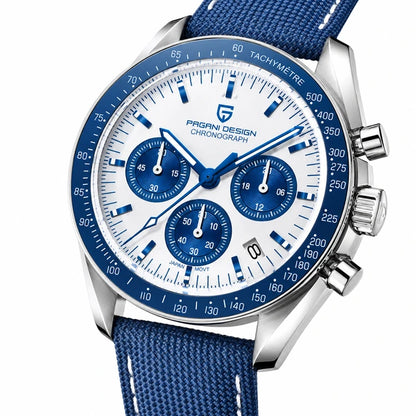 relogio masculino vidro safira Lunario Pagani Design Branco Azul - Close da coroa e bezel