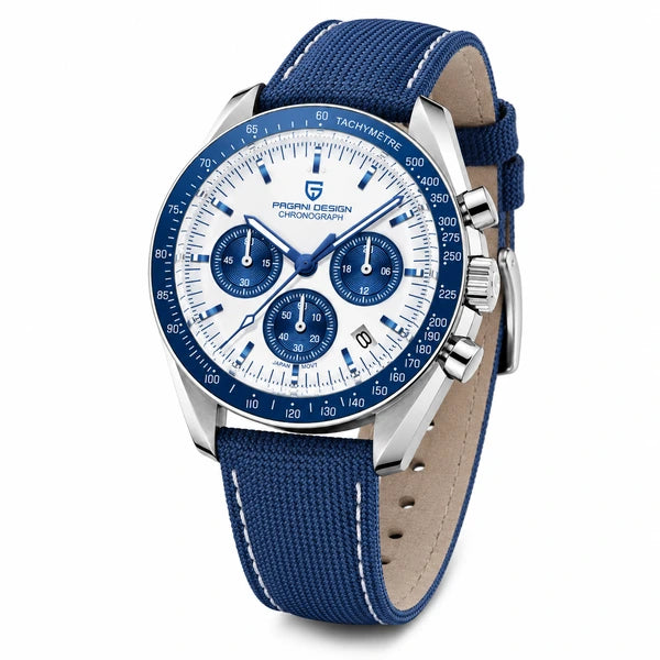 relogio masculino importado Lunario Pagani Design Branco Azul - Produto completo em angulo diferente