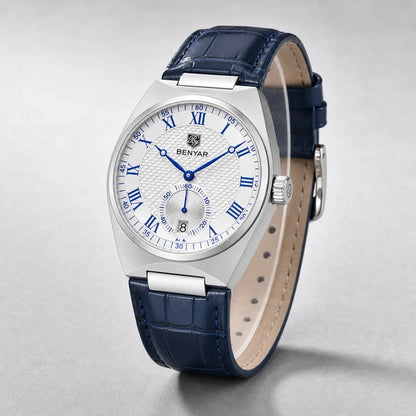 rel?gio masculino Benyar com pulseira de couro azul em ?ngulo tr?s quartos