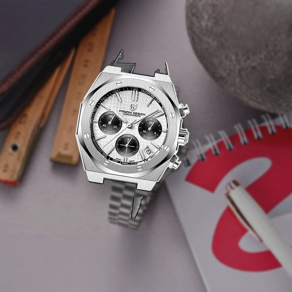 relogio cronografo masculino Relógio Masculino Couro Dante Pagani Design Branco - lifestyle premium em mesa
