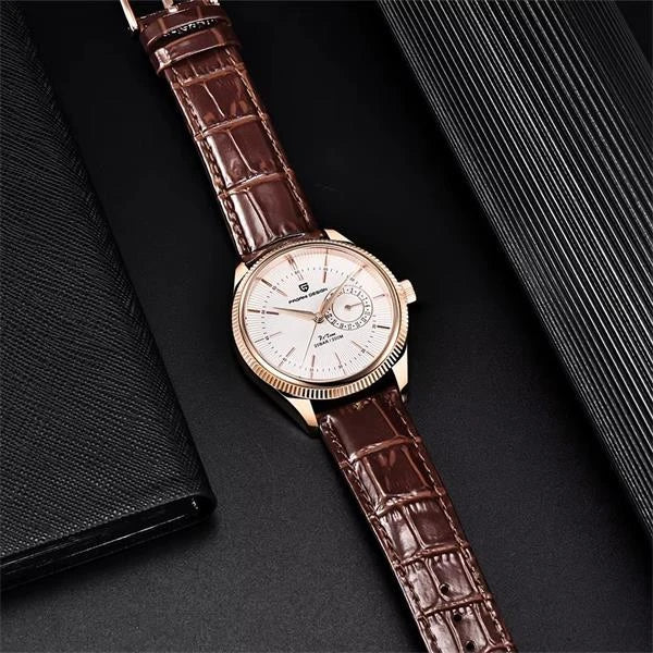relógio masculino elegante com pulseira de couro marrom em cena premium