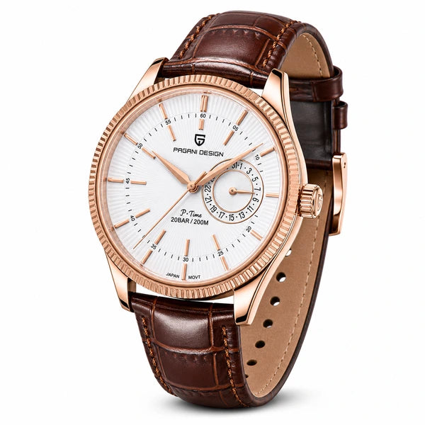relógio masculino rose com pulseira de couro marrom em ângulo três quartos