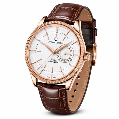 relógio masculino rose com pulseira de couro marrom em ângulo três quartos