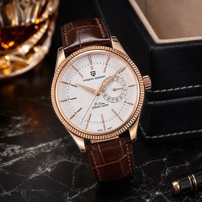 relógio masculino couro marrom Pagani Design em composição lifestyle premium